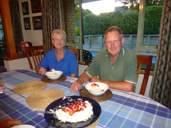 Enjoying the famous Pavlova dessert with our hosts Joy and Peter